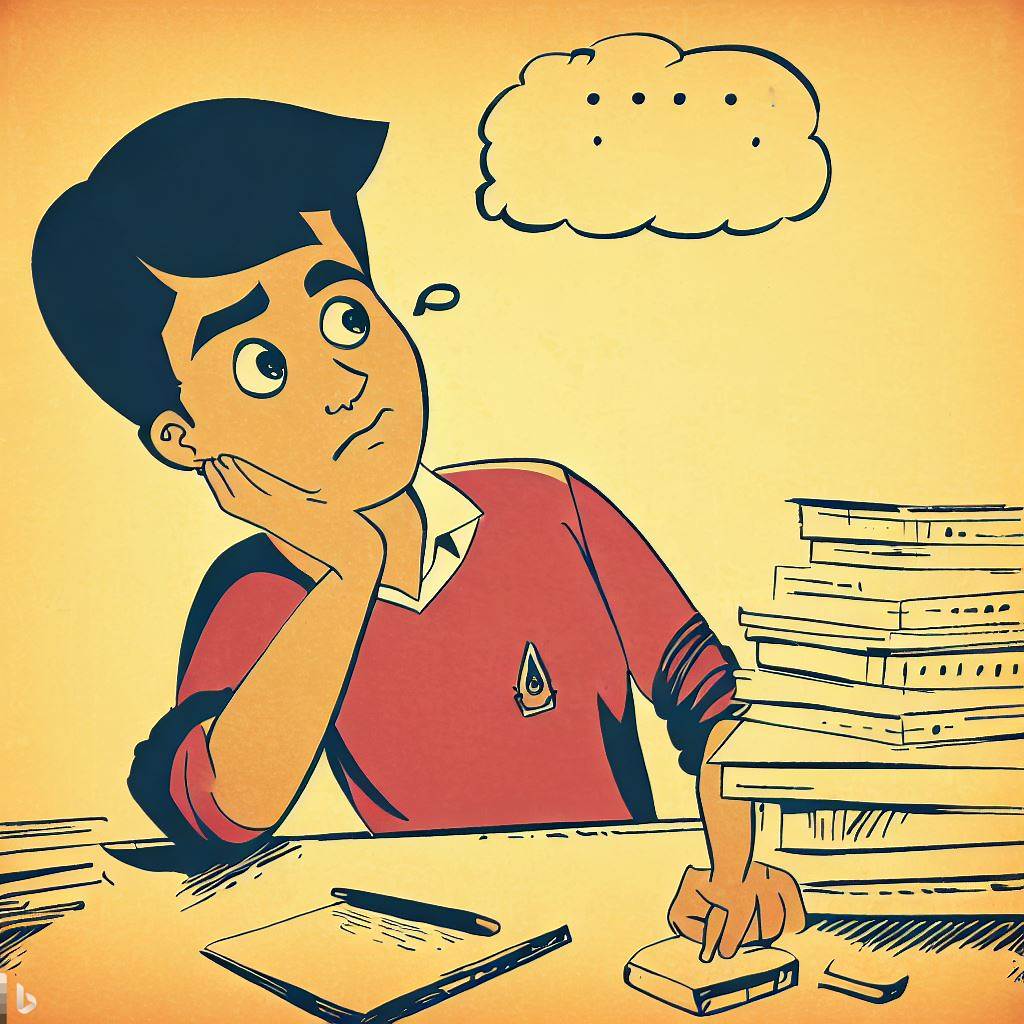 Ilustración de un niño pensativo estudiando