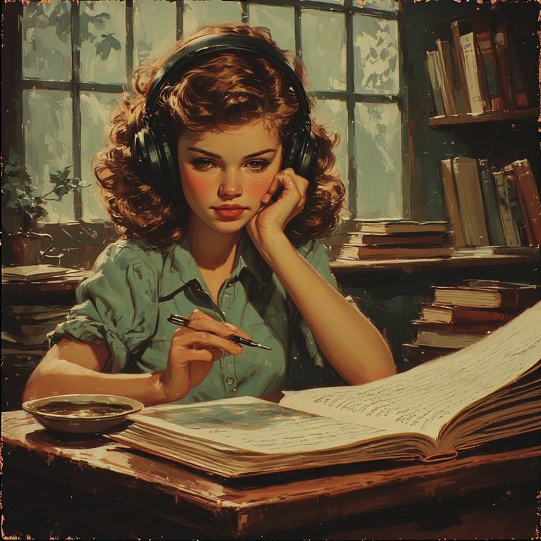 Una estudiante retro estudia con un libro.